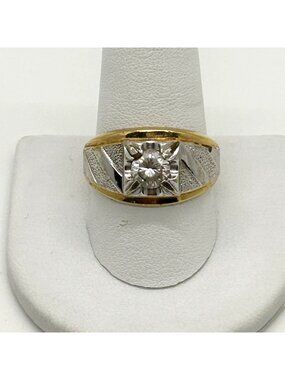 Vintage Mens LIND Two Tone Cubic Zirconia Statement Signet Art Deco Style Ring S